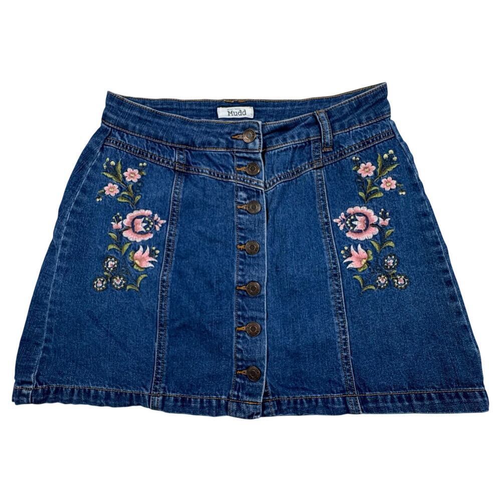 Vintage Y2K Mudd Floral Embroidered Denim Mini Skirt Women's 9 Blue